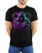 Grim Reaper Smoke T-Shirt Neon Skull Graphic Tee - model wearing black shirt, hands behind back