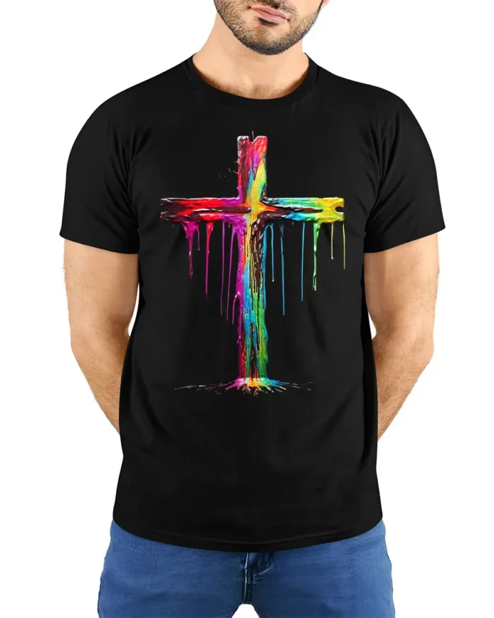 Color Drip Cross T-Shirt Christian Faith Art Tee - model wearing black shirt, hands behind back