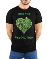 Join the Revolution T-Shirt Eco Biking Green Heart - model wearing black shirt, hands behind back