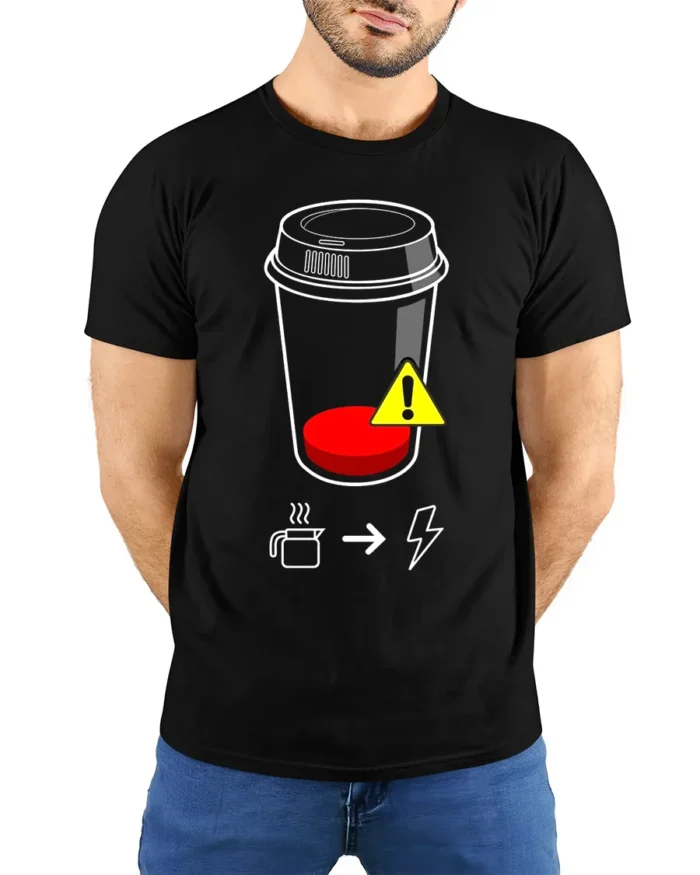 Low Battery Coffee T-Shirt Caffeine Power Graphic - model wearing black shirt, hands behind back
