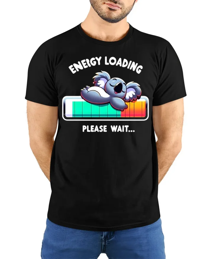 Energy Loading T-Shirt Funny Koala Sleep Graphic - model wearing black shirt, hands behind back