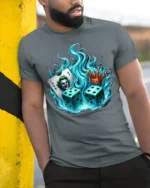 Flaming Dice Joker T-Shirt Bold Casino King Graphic - model in grey shirt leaning against column