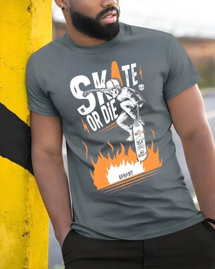 Skate or Die T-Shirt Cool Skull Fire Skater Graphic - model in grey shirt leaning against column