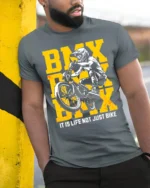 BMX Life T-Shirt Extreme Bike Rider Graphic Tee - model in grey shirt leaning against column