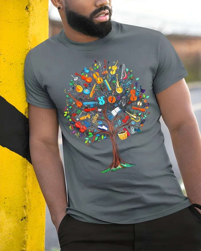 Colorful Music Tree T-Shirt Musical Instruments - model in grey shirt leaning against column