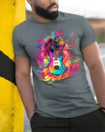 Psychedelic Electric Guitar T-Shirt Color Blast Rock - model in grey shirt leaning against column