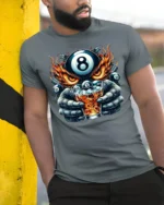 8 Ball Whiskey T-Shirt Billiards Fire Graphic Tee - model in grey shirt leaning against column