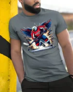 Patriotic Hockey Eagle T-Shirt Power Play USA Pride - model in grey shirt leaning against column