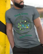 Think Green Keep Green T-Shirt Eco Friendly Earth - model in grey shirt leaning against column