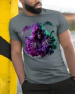 Grim Reaper Smoke T-Shirt Neon Skull Graphic Tee - model in grey shirt leaning against column