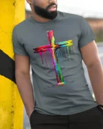 Color Drip Cross T-Shirt Christian Faith Art Tee - model in grey shirt leaning against column