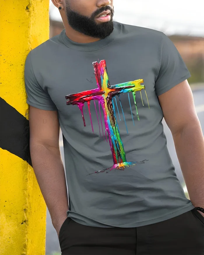 Color Drip Cross T-Shirt Christian Faith Art Tee - model in grey shirt leaning against column