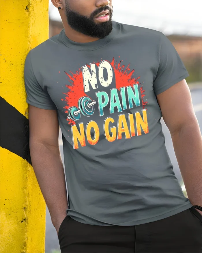 No Pain No Gain T-Shirt Motivational Gym Workout - model in grey shirt leaning against column