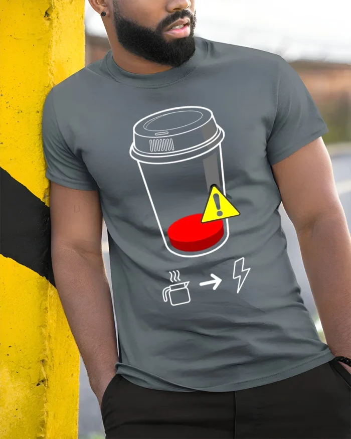 Low Battery Coffee T-Shirt Caffeine Power Graphic - model in grey shirt leaning against column
