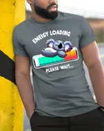 Energy Loading T-Shirt Funny Koala Sleep Graphic - model in grey shirt leaning against column