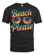 Beach Please Funny Sunset Graphic T-Shirt for Vacation - black t-shirt on white background