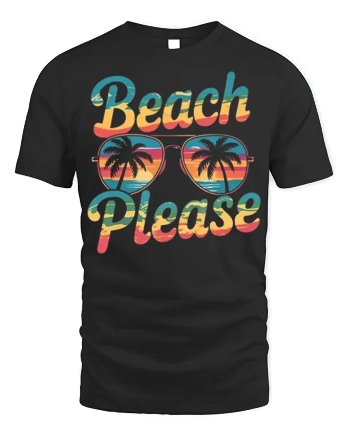 Beach Please Funny Sunset Graphic T-Shirt for Vacation - black t-shirt on white background