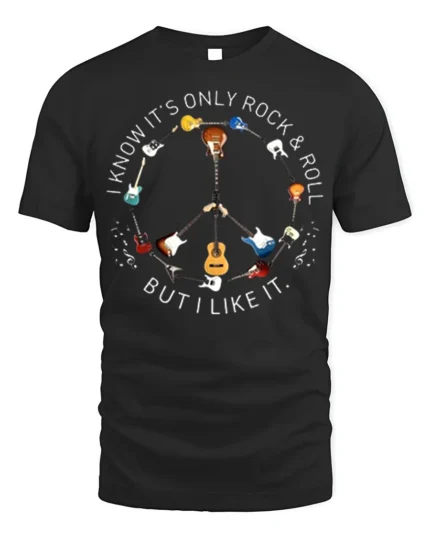 Rock and Roll Peace Sign Guitar T-Shirt Music Lovers - black t-shirt on white background
