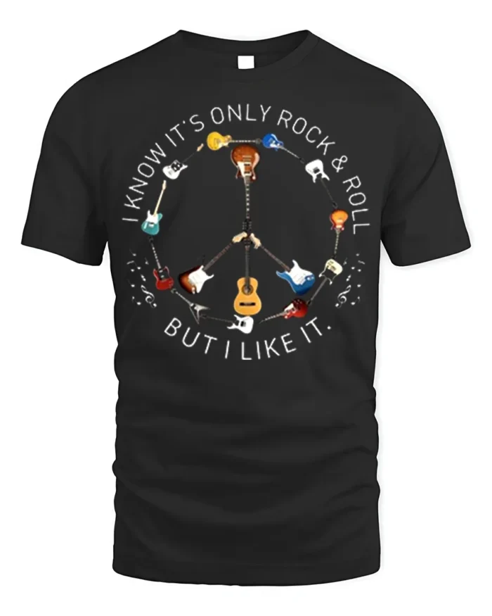 Rock and Roll Peace Sign Guitar T-Shirt Music Lovers - black t-shirt on white background