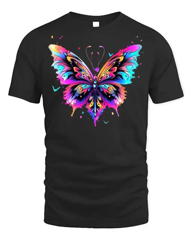 Colorful Butterfly Graphic T-Shirt Artistic Vibrant Tee - black t-shirt on white background