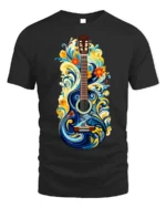 Artistic Floral Guitar T-Shirt Boho Music Lover Tee - black t-shirt on white background