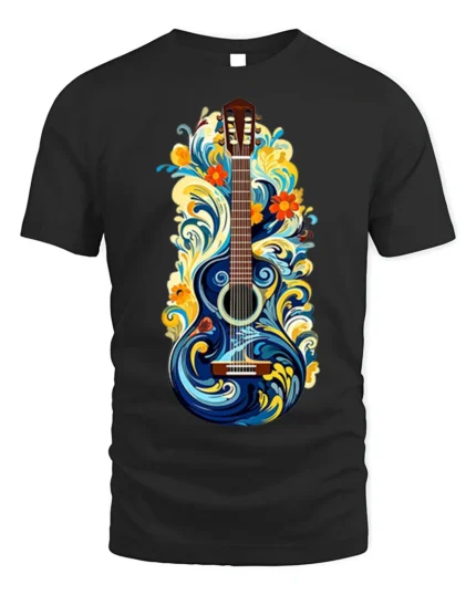 Artistic Floral Guitar T-Shirt Boho Music Lover Tee - black t-shirt on white background