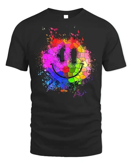 Colorful Smiley Face T-Shirt Mosaic Art Graphic Tee - black t-shirt on white background