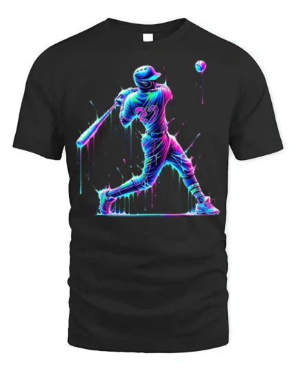Neon Baseball Hitter Splash Art Graphic T-Shirt - black t-shirt on white background