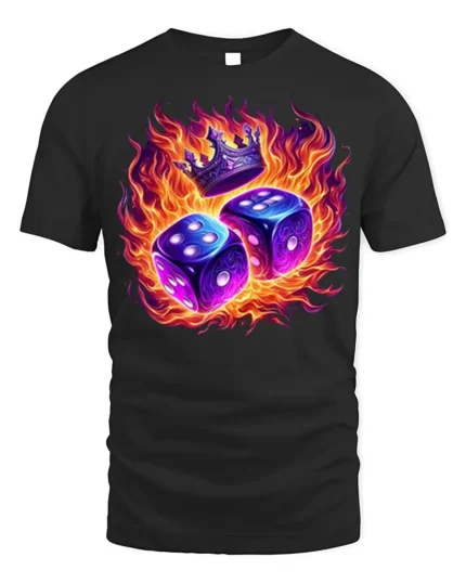 Flaming Dice and Crown Graphic T-Shirt for Game Lovers - black t-shirt on white background
