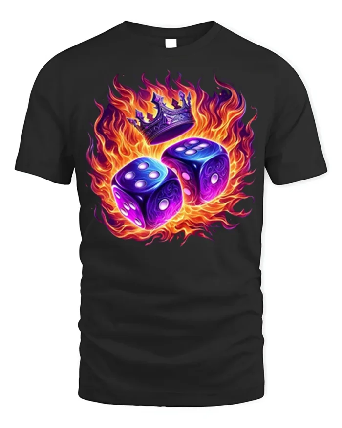 Flaming Dice and Crown Graphic T-Shirt for Game Lovers - black t-shirt on white background
