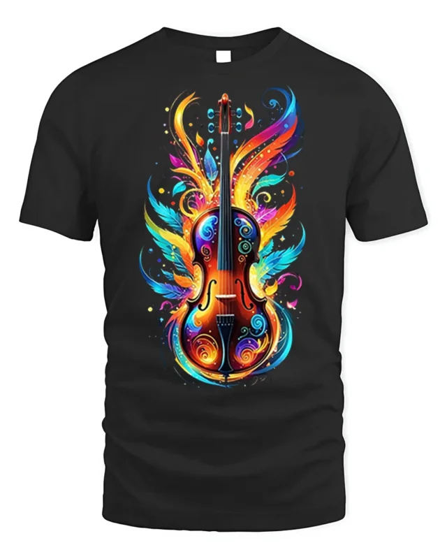 Colorful Violin Flame Art T-Shirt for Music Lovers USA - black t-shirt on white background