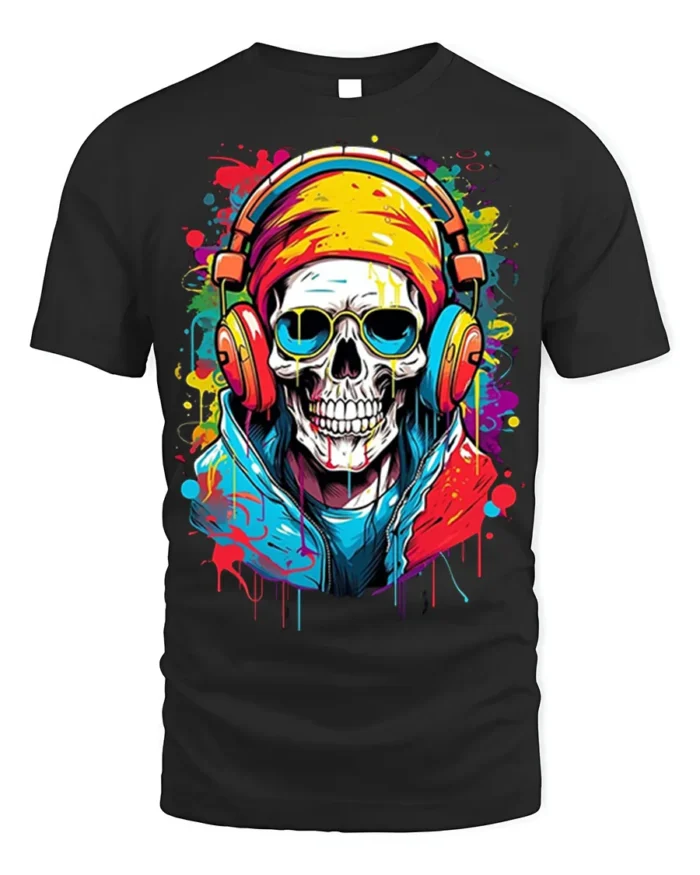 Street Style Skull Headphones T-Shirt for Music Lovers - black t-shirt on white background