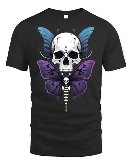 Skull Butterfly Gothic T-Shirt Dark Art Graphic Tee - black t-shirt on white background