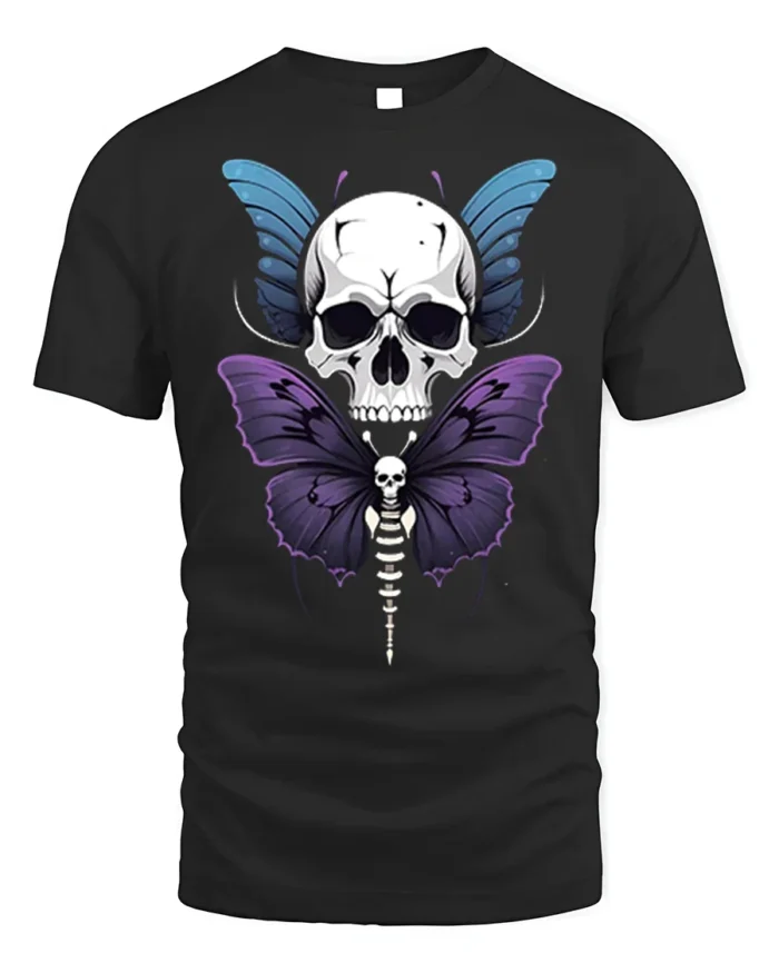 Skull Butterfly Gothic T-Shirt Dark Art Graphic Tee - black t-shirt on white background