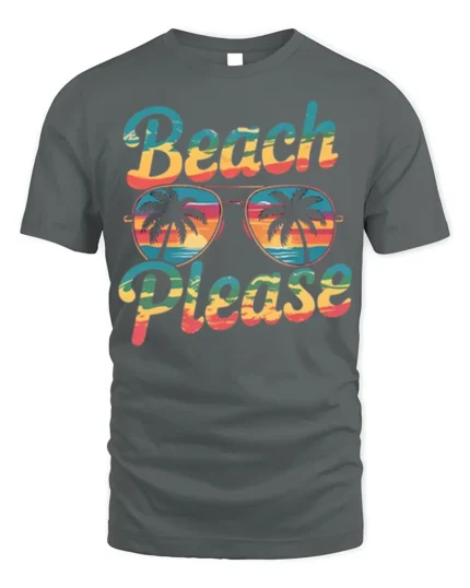 Beach Please Funny Sunset Graphic T-Shirt for Vacation - gray t-shirt on white background