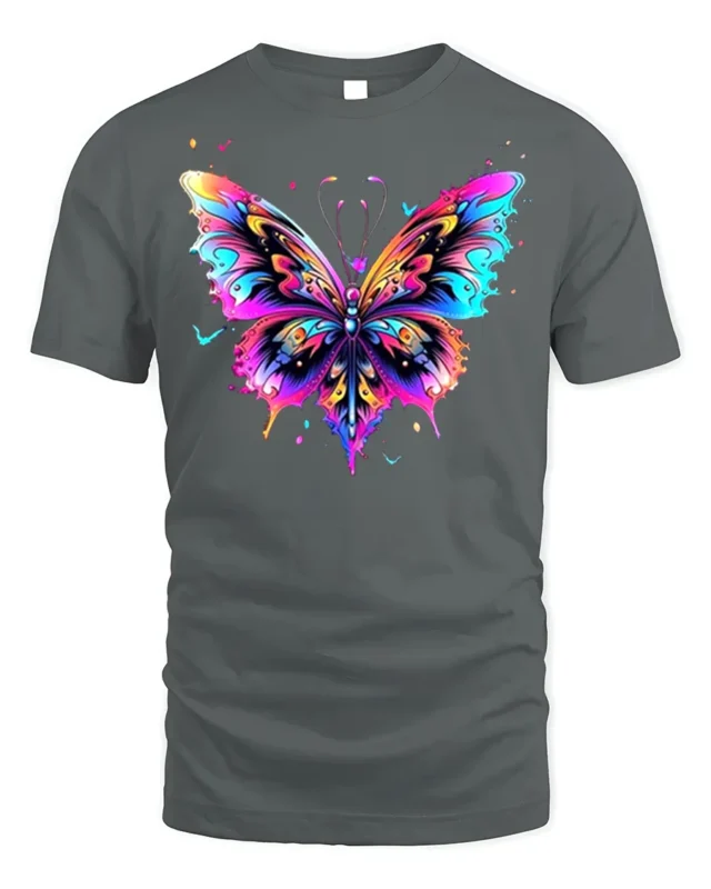 Colorful Butterfly Graphic T-Shirt Artistic Vibrant Tee - gray t-shirt on white background