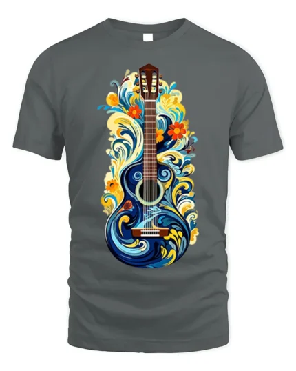 Artistic Floral Guitar T-Shirt Boho Music Lover Tee - gray t-shirt on white background