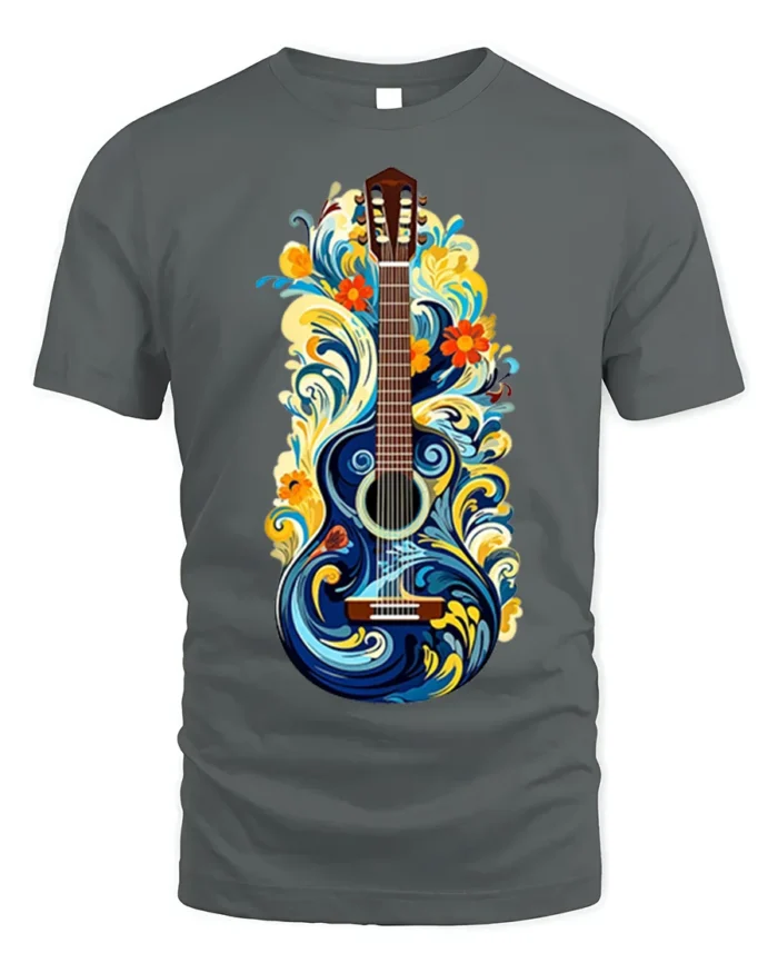 Artistic Floral Guitar T-Shirt Boho Music Lover Tee - gray t-shirt on white background