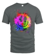 Colorful Smiley Face T-Shirt Mosaic Art Graphic Tee - gray t-shirt on white background