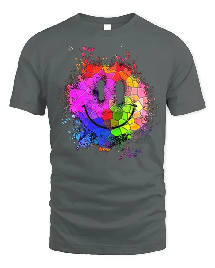 Colorful Smiley Face T-Shirt Mosaic Art Graphic Tee - gray t-shirt on white background