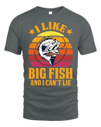 Funny Fishing T-Shirt I Like Big Fish and I Can’t Lie - gray t-shirt on white background