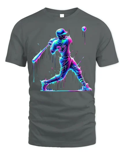 Neon Baseball Hitter Splash Art Graphic T-Shirt - gray t-shirt on white background