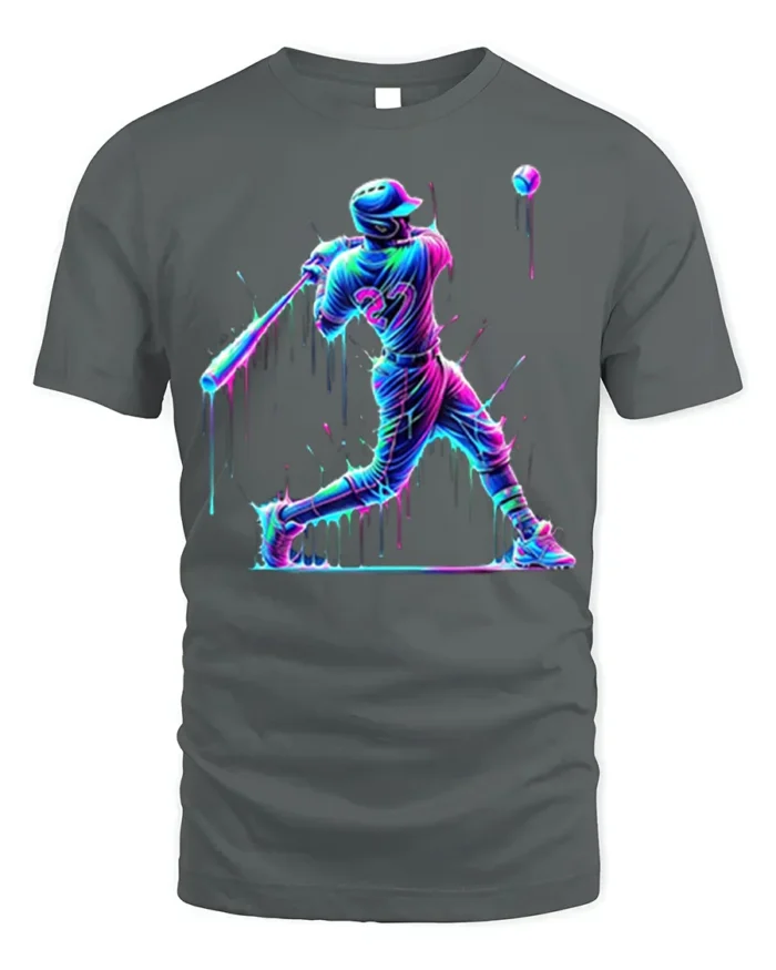 Neon Baseball Hitter Splash Art Graphic T-Shirt - gray t-shirt on white background