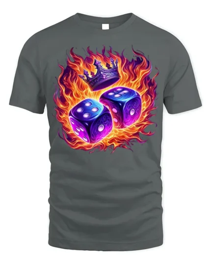 Flaming Dice and Crown Graphic T-Shirt for Game Lovers - gray t-shirt on white background