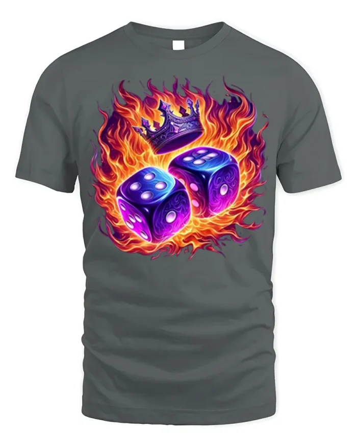 Flaming Dice and Crown Graphic T-Shirt for Game Lovers - gray t-shirt on white background