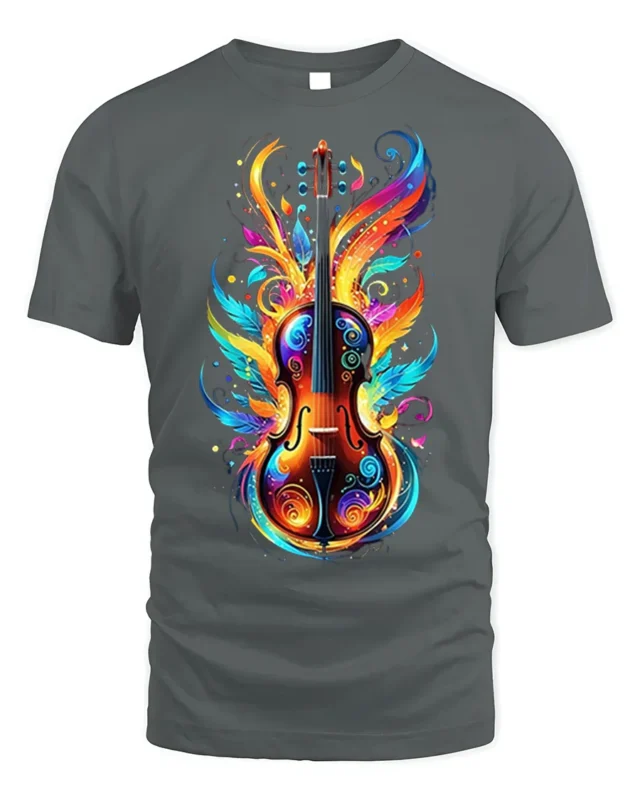 Colorful Violin Flame Art T-Shirt for Music Lovers USA - gray t-shirt on white background