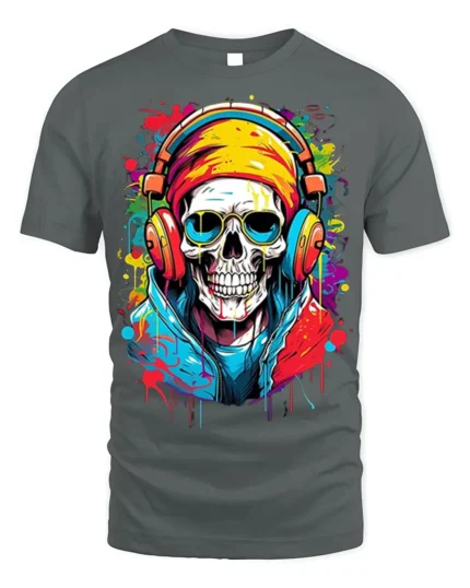 Street Style Skull Headphones T-Shirt for Music Lovers - gray t-shirt on white background
