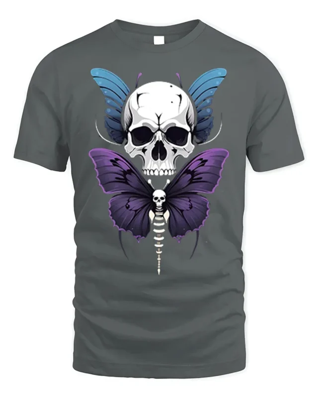 Skull Butterfly Gothic T-Shirt Dark Art Graphic Tee - gray t-shirt on white background