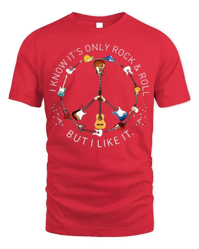 Rock and Roll Peace Sign Guitar T-Shirt Music Lovers - red t-shirt on white background