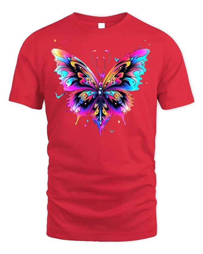 Colorful Butterfly Graphic T-Shirt Artistic Vibrant Tee - red t-shirt on white background